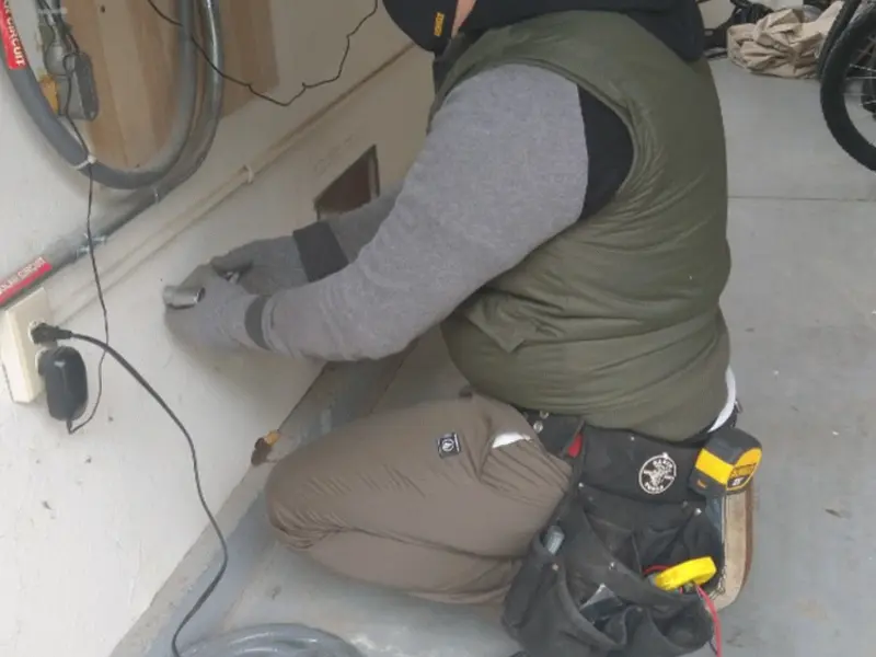Electrician performing outlet wiring in a Eatontown garage